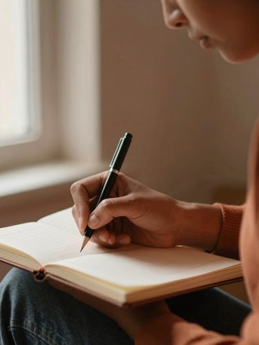 Medium close-up of an adult learner in quiet concentration, writing notes in a notebook under soft natural window light, warm terracotta tones, shallow depth of field