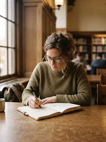 A medium close-up of an adult learner in a quiet library, warm window light illuminating their focused face as they write in a notebook, 35mm film texture.