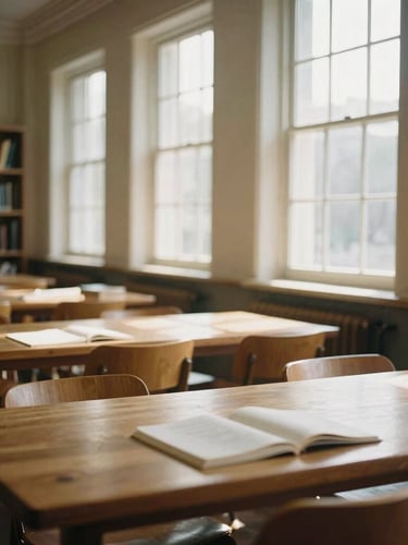 A warm, natural light-filled library interior with wooden tables, soft sunlight filtering through windows, a quiet atmosphere of focused study, 35mm film texture