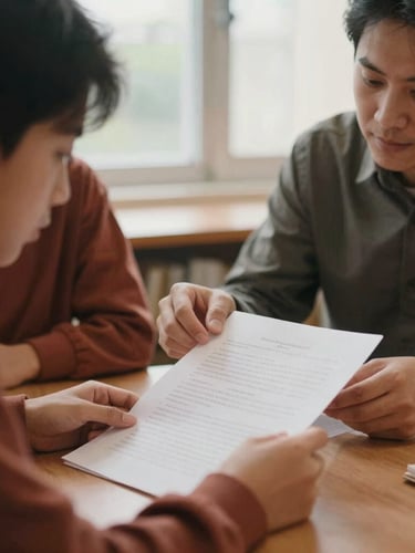 Medium close-up of an adult student and a mentor reviewing papers together at a library table, soft natural window light, warm terracotta tones, shallow depth of field, 35mm film texture.