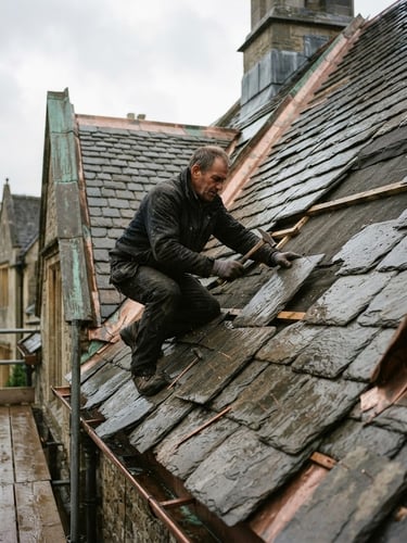 Low-angle editorial shot of hand-cut natural slate tiles being laid on a steep roofline, natural overcast daylight, deep slate grey and weathered copper tones, sharp details, 35mm lens
