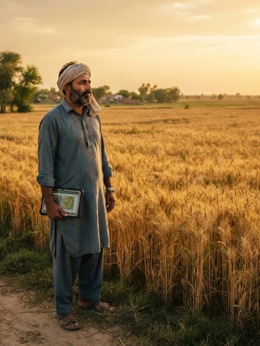 Cinematic editorial photography of a modern Pakistani Punjabi farmer standing in a golden-hour wheat field in Chichawatni, holding a digital tablet, looking out over the lush landscape, warm sunlight.