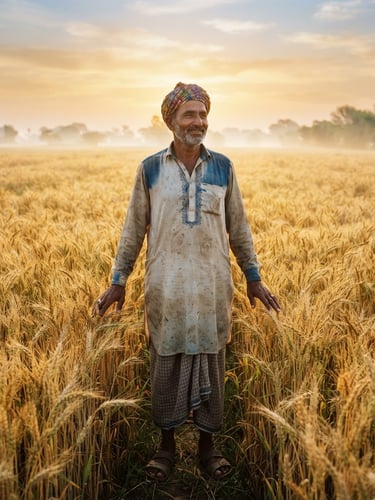 Cinematic medium-format editorial photograph of a Pakistani Punjabi farmer in traditional local attire standing in a vast, lush golden wheat field in Chichawatni during sunrise, warm morning light, soft atmospheric mist.