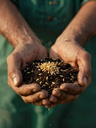 Cinematic close-up of weathered Punjabi hands holding rich dark soil mixed with golden wheat seeds, warm late-afternoon daylight