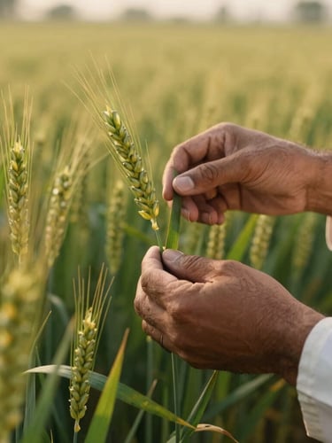 Close-up cinematic shot of an agronomist's hands examining healthy green wheat stalks in a sunlit field in Punjab, Pakistan, soft golden light, high detail.