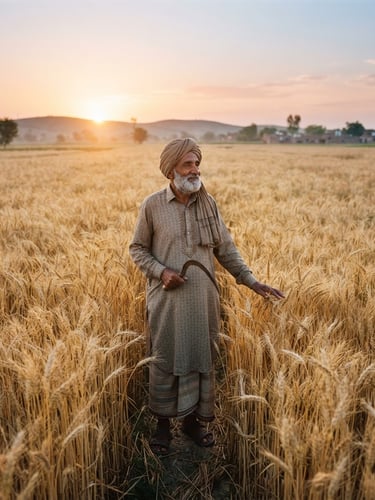 Wide cinematic shot of a Pakistani Punjabi farmer standing in a golden wheat field at sunrise, soft warm daylight, medium format film