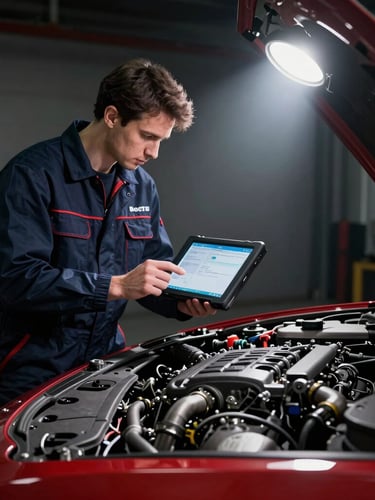 A professional technician using a diagnostic tablet connected to a clean engine bay, dramatic workshop spotlighting, high contrast
