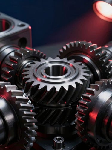 Tight macro shot of clean, high-contrast steel transmission gears being assembled under dramatic workshop spotlighting, deep navy and crimson tones, 50mm lens.