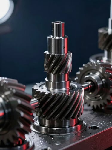 Macro shot of high-precision steel transmission gears being assembled in a clean, well-lit workshop, industrial lighting, sharp focus on metal teeth