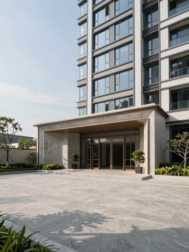 Wide architectural shot of a completed property entry facade in Jakarta, natural daylight, clean concrete and glass surfaces, empty forecourt with structured landscaping to the left, building elevation rising to the right third of the frame, generous sky above