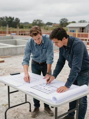 Two developers reviewing architectural site plans spread on a portable table outdoors at a construction site, natural overcast daylight, concrete foundation visible in background, wide shot showing working context, no posed smiling, no studio lighting