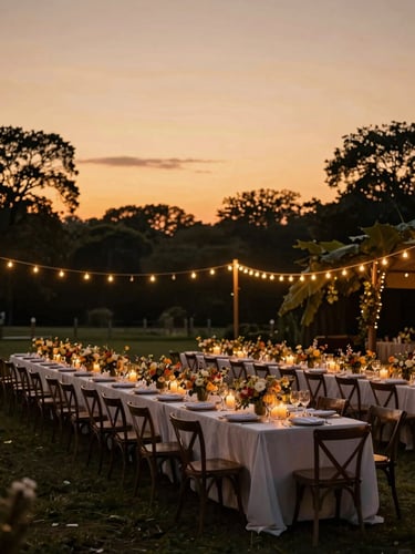 Wide panoramic golden-hour outdoor wedding reception, long banquet tables fully dressed with candles and wildflower arrangements under string lights, forest tree line silhouetted against an amber-orange sky, warm tungsten glow across the scene, left-third framing with open sky dominating the upper portion