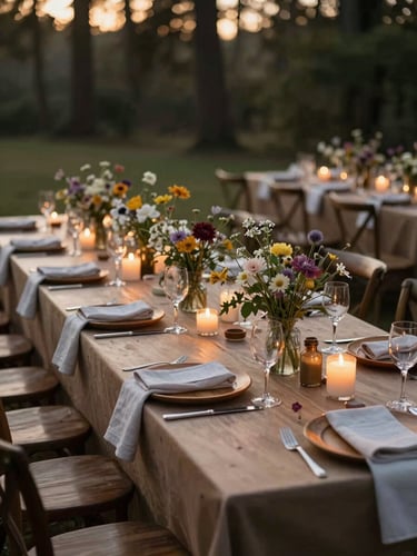 Wide environmental shot of a fully dressed outdoor reception table at golden hour, linen napkins, flickering candles, wooden charger plates, and wildflower arrangements, warm dusk light raking across the tabletop, forest tree line softly blurred in the background