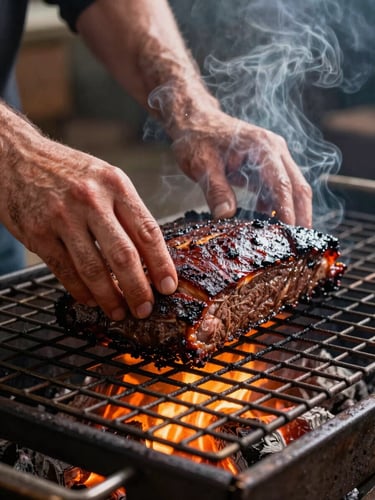 Close-up of a pitmaster's hands pressing a bark-crusted beef brisket on a heavy wood-fired smoker grate, orange embers glowing beneath, wisps of white smoke curling upward, warm firelight illuminating the meat's deep mahogany crust