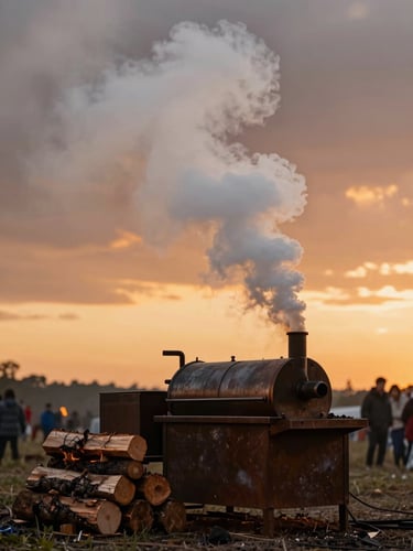 Wide environmental shot of a smoking offset barrel smoker at an outdoor event, thick white smoke rising against a deep amber sunset sky, logs stacked beside it, warm firelight on rough metal surface