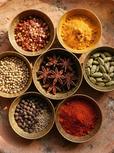 Overhead macro shot of vibrant raw spices in hand-carved brass bowls on a textured clay surface, warm directional morning sunlight casting soft shadows, 35mm photography