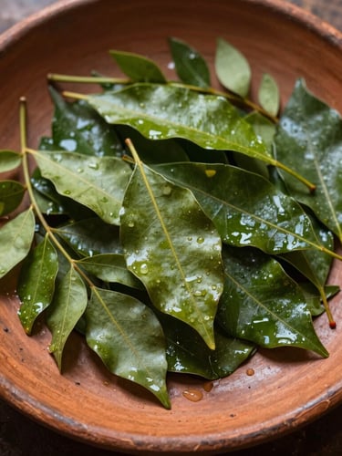 Overhead flat-lay of fresh curry leaves glistening with water on a rustic clay plate, warm morning light, shallow depth of field