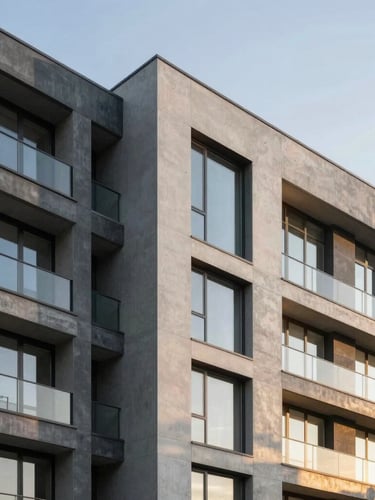 Modern architectural apartment building facade with sharp anthracite gray panels, concrete textures, and dramatic golden hour sunlight reflecting off clean glass windows