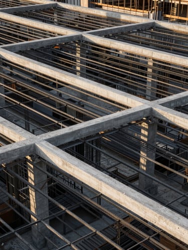 Architectural close-up of structural steel reinforcement grids and concrete pouring on a modern construction site, dramatic industrial lighting, high contrast.