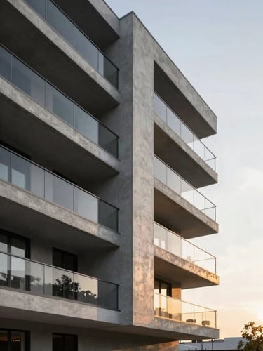 Architectural photography of a modern apartment facade with clean anthracite concrete lines under sunset lighting, wide angle, sharp focus