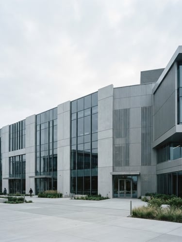 Wide shot of a modern, clean commercial building facade, geometric lines, soft natural overcast daylight, desaturated cool tones, sharp focus, 35mm lens.
