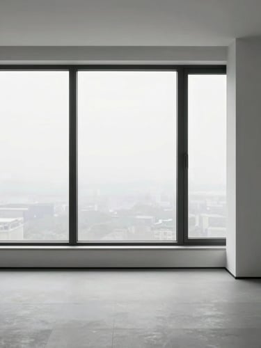 Minimalist interior of a high-end residential apartment, clean lines, large windows, soft natural overcast daylight, desaturated cool tones, sharp focus, 35mm lens.