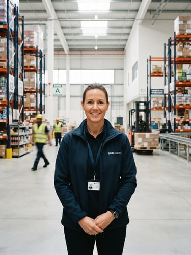 Confident professional logistics manager in a clean, modern European warehouse, natural daylight, looking at the camera, sharp focus, 35mm