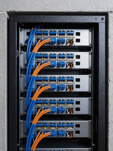 Crisp architectural photography, cool clean lighting, slate and metallic tones, sharp focus, 35mm lens, high-end technical detail. A perfectly organized server rack with immaculate blue and orange ethernet cabling, glowing status LEDs, mounted in a concrete wall recess.