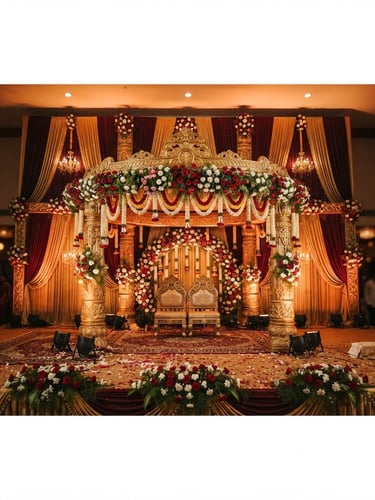 Dramatic wide-angle shot of an empty grand wedding stage in Tamil Nadu, warm festive lighting, deep maroon and gold fabric draping, fresh roses and jasmine arrangements, 35mm editorial photography.