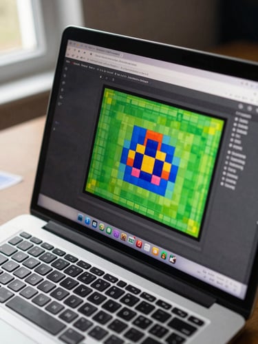 Close-up overhead shot of a laptop screen showing a colorful JavaScript browser game in progress — bright pixel art tiles and a score counter visible, keyboard edge at the bottom of the frame, desk surface with a few sticker scraps, natural window light from the left