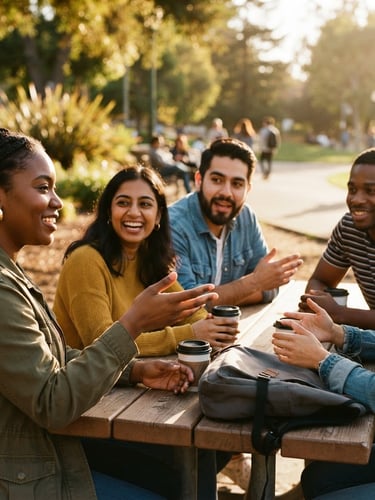 Warm editorial photography, natural golden-hour daylight, rich earthy tones, candid human interaction, shallow depth of field, 35mm film style. Diverse group of young adults engaged in active listening and conversation in a vibrant Oakland community park, hands gesturing naturally, subject on the left bleeding to the edge.