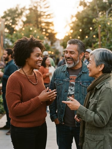 Warm portrait of diverse Oakland community members in active, candid conversation, natural golden-hour daylight, rich earthy tones, shallow depth of field, 35mm film style.