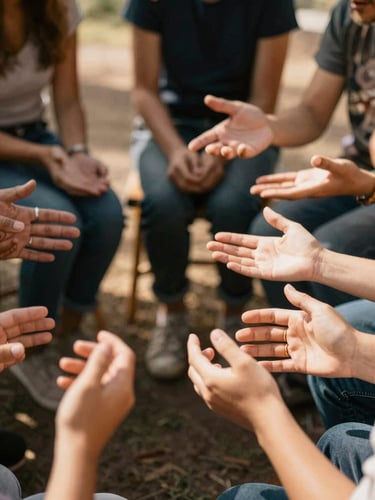 Close-up of diverse hands gesturing naturally during a workshop circle, warm natural daylight, shallow depth of field, 35mm film style.