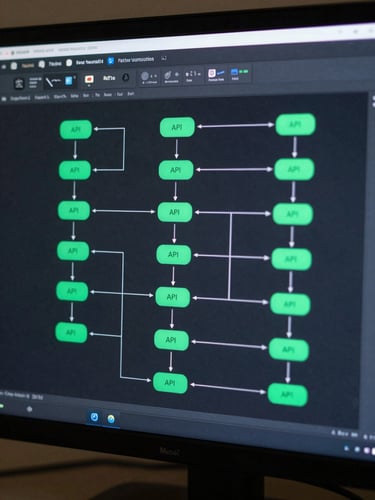Close-up of a dark-themed automation flow diagram on a monitor, showing interconnected API nodes and conditional branches with neon-green status indicators, rendered in a Retool/Stripe UI style, cool technical lighting, no humans visible