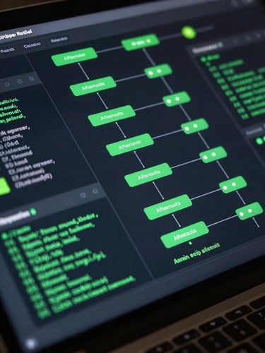 Close-up of a dark operational dashboard interface rendered in the Stripe/Retool idiom — automation flow nodes connected by lines, green status indicators, API call logs in monospace font, deep charcoal background with neon-green accent states, clean geometric layout, studio technical lighting, no people