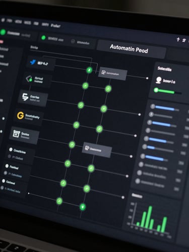 Close-up of a dark-mode dashboard interface showing automation flow logic — connected node graph with green status indicators, message routing paths, API call counters, and throughput metrics displayed on a near-black UI panel, cool technical render lighting, flat-lay framing with high contrast