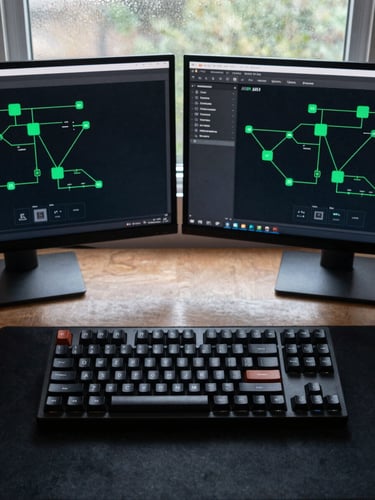 Overhead flat-lay of a mechanical keyboard and two monitors displaying API integration topology diagrams with dark interface and green node connectors, cool daylight from a frosted window, no people visible