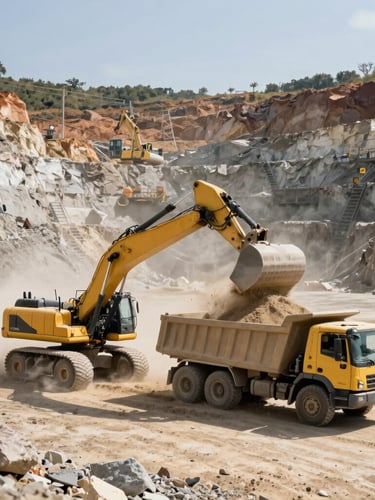 Extreme wide-angle shot of an active Galian C quarry site under harsh natural daylight, heavy yellow excavators loading coarse sand onto a dump truck, dust particles visible in the air, industrial scale.