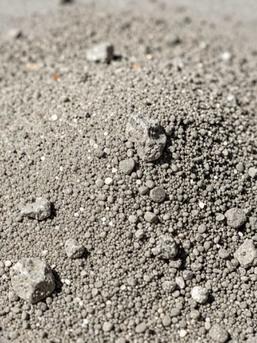 Macro close-up of coarse concrete sand texture, sharp silica grains, high-contrast natural daylight with hard shadows, industrial raw material.