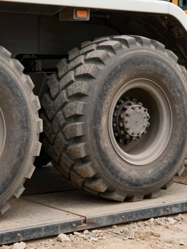 Extreme close-up of heavy truck tires on a steel digital weighbridge platform at a dusty quarry site, high contrast daylight, hard shadows