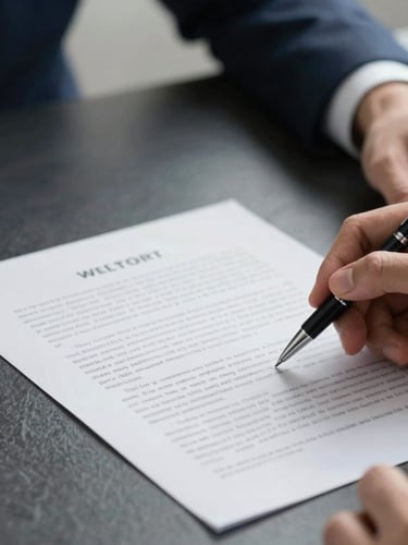 A close-up macro shot of hands reviewing structured legal agreements on a dark slate desk, cool natural daylight casting soft shadows, focus on document texture and elegant pen, editorial corporate photography.