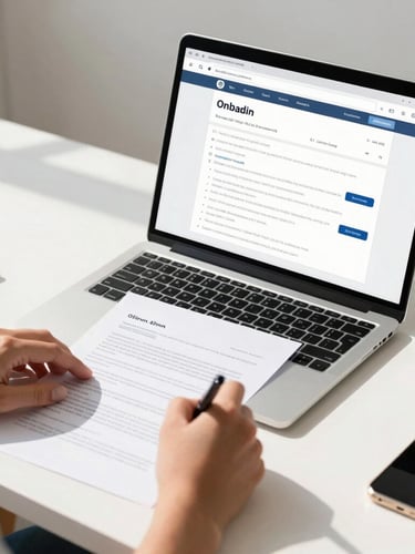 Modern home office desk with a laptop displaying a digital onboarding form, a person's hands signing a digital document, natural daylight, soft shadows, clean organized workspace, professional, 35mm