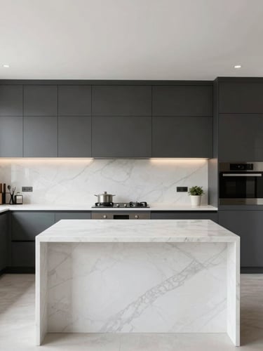Straight-on architectural elevation of a modern open-plan residential kitchen, bright natural daylight, crisp white marble countertops, dark charcoal cabinetry, professional interior styling.