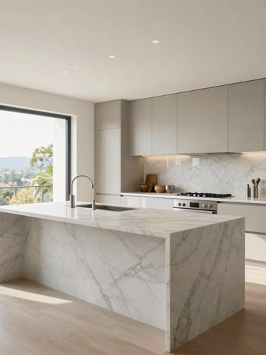 Crisp architectural photography of a modern open-plan residential kitchen with a large marble island, bright natural daylight, clean neutral tones, wide-angle lens.