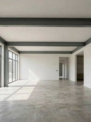 Straight-on wide-angle architectural elevation of a modern open-plan residential interior with exposed steel beams and clean concrete floors, bright natural daylight.