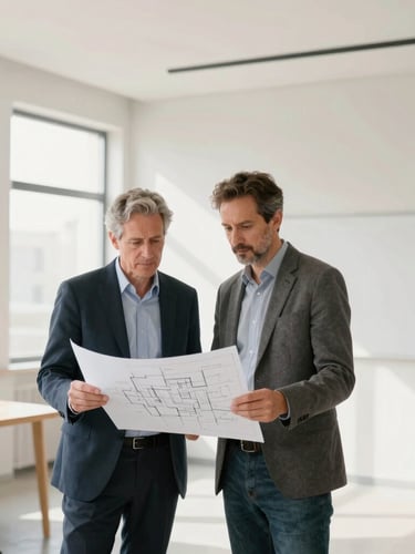 A professional, styled portrait of a principal architect and structural engineer reviewing plans in a bright, modern, minimalist studio, clean neutral tones, soft natural side lighting.