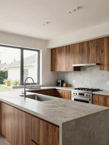 Bright architectural interior shot of a finished open-plan residential kitchen, custom walnut cabinetry, concrete countertops, natural window light, professional styling