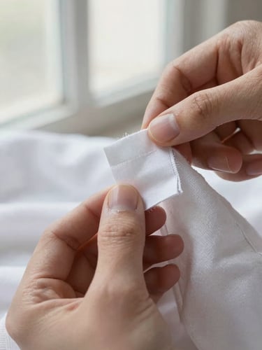 Extreme close-up of a care label being read by a pair of hands under bright natural window light, cotton fabric texture visible in the background, crisp and documentary in feel