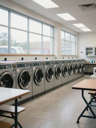 Wide shot of a laundromat shop floor during quiet hours, rows of washing machines along the wall, folding tables in the foreground, bright overhead daylight flooding through large windows, organized and clean, no people