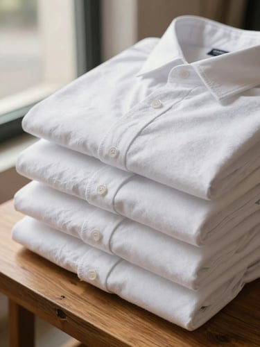 Extreme close-up of neatly folded cotton shirts stacked on a wooden table, bright natural light from a storefront window to the left, crisp fabric texture visible in the weave, a care tag visible on the top garment